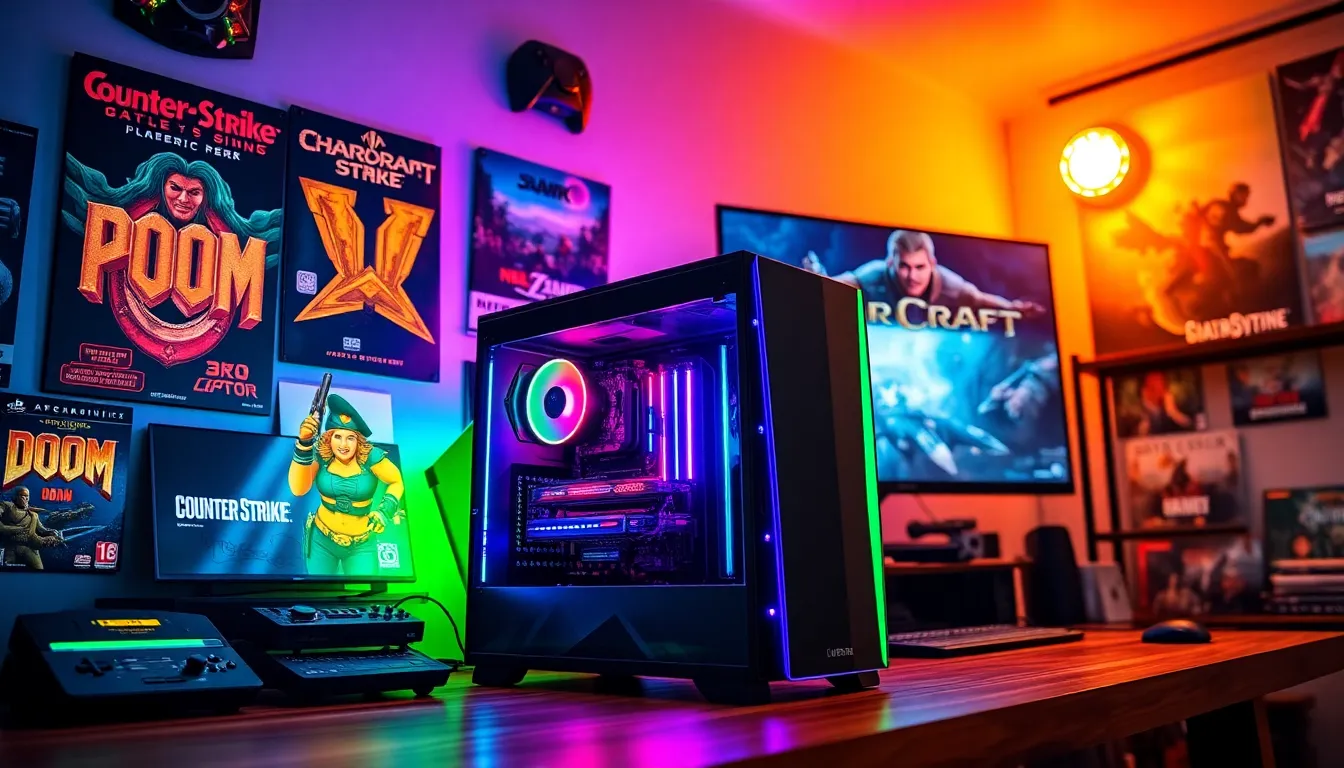 a modern gaming setup with historical PC gaming memorabilia.