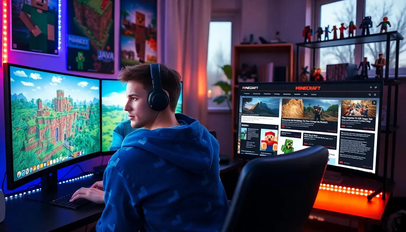 a young man gaming in a Minecraft-themed studio, focused on his monitors.